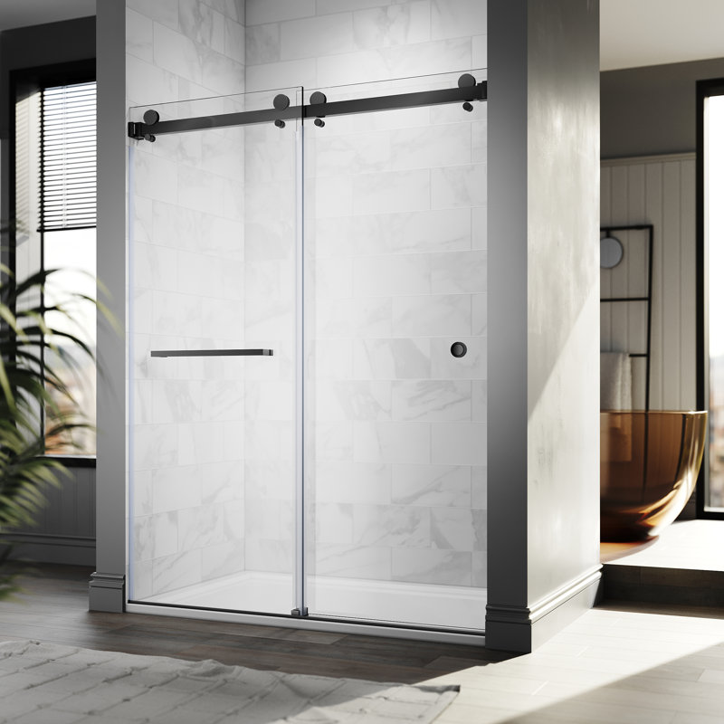 UKD01 61 to 65 in. x 80 in. H Frameless Double Sliding Shower Door with 3/8 in. (10mm) Clear Glass, Matte Black