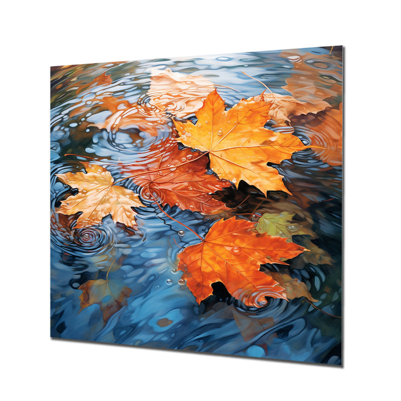 Feuilles d'automne flottant sur un étang II - feuilles, art mural, Métal métal, H 36 po x l 36 po x P 1,5 po