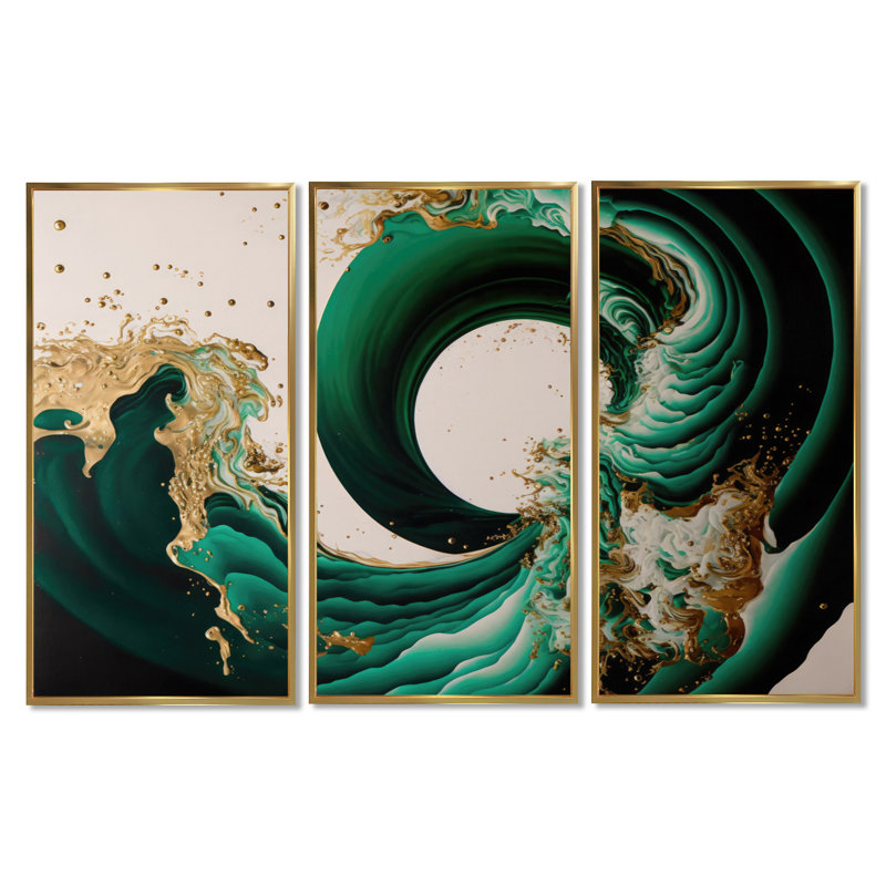Beffrey Divaraj vert émeraude et vagues abstraites dorées IV - 3 pièces, reproduction sur toile, H 32 po x l 48 po, Doré
