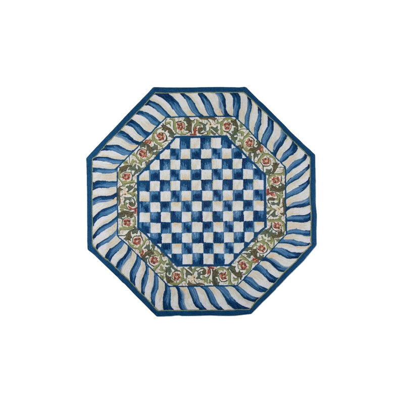 Octagonal Blue White Floral Theme Woven Floor Rug, Octagon 2'8" x 2'8"