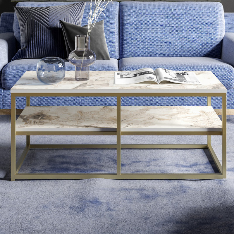 Modern Glam Coffee Table with Metal Legs, Gold & White, 43.5 x 18.5 x 20.5 inches | 100% Melamine Coated Particle Board, Thickness: 0.7 inches | Stylish Marble Design, Perfect for Living Room & Entertaining Spaces