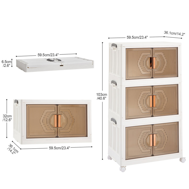 White Collapsible 3-Tier Plastic Storage Bins with Wheels