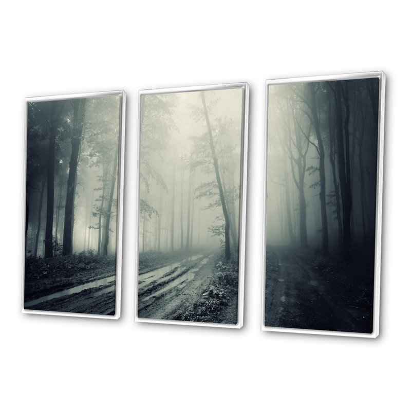 «Spooky Dark Forest With Fog», ensemble d'art mural sur toile encadré paysage, H 20 po x l 36 po x P 1 po, Cadre blanc