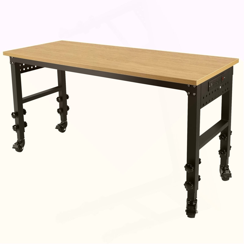 Établi réglable de 60 po x 24 po, table de travail robuste roulante avec prise de courant et roulettes, établi en bois d'hévéa à grande capacité de charge pour garage, bureau, atelier, maison, assemblage facile