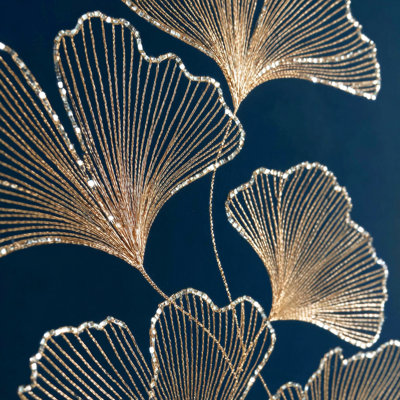 Gold Ginkgo Botanical on Deep Blue Wrapped Canvas Wall Art Print