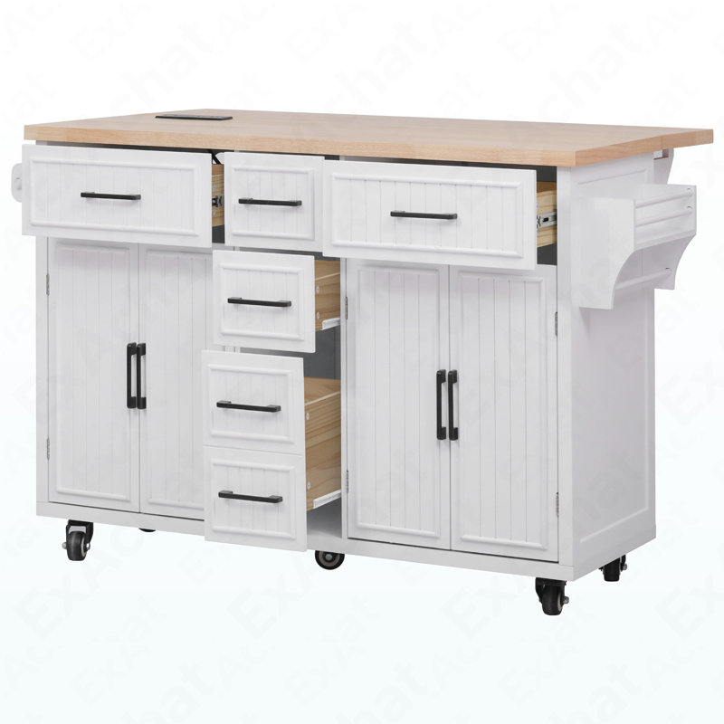 56.5'' Kitchen Island With Drop Leaf, Power Outlet, Embossed Vertical Stripe Rolling Kitchen Cart On Wheels With 4 Doors , 5 Deep Drawers And Adjustable Shelves, For Kitchen, Dining Room, White