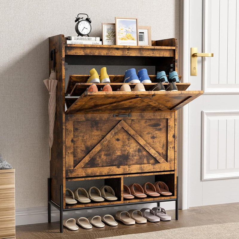 Armoire à chaussures à 2 niveaux avec tiroirs rabattables et tablettes ouvertes, organisateur de vestibule étroit autoportant avec pieds en métal