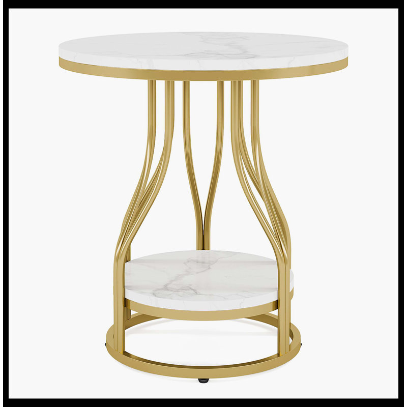 Table de bout à 2 niveaux, table d'appoint ronde avec structure en métal, Blanc, Doré
