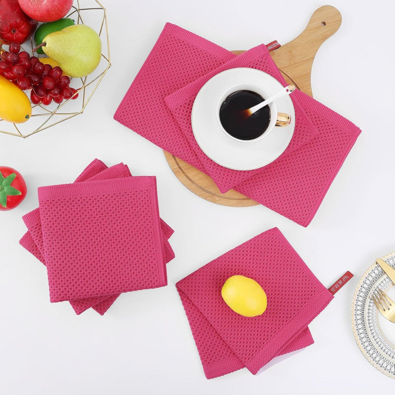 Linges à vaisselle 100% coton tissé gaufré, linges à vaisselle à séchage rapide absorbant ultra doux, paquet de 6, Hot Pink