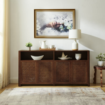63" Mid Century Modern Rattan Sideboard Buffet Cabinet With Storage, Retro Coffee Bar Wine Bar Credenza, Large Media Console Table For Living Room/Ent by Corrigan Studio