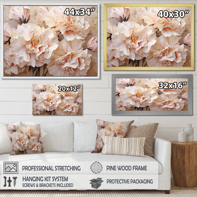 Arrangement d'œillets beige I sur toile, H 30 po x l 40 po x P 1,5 po, Cadre naturel flottant