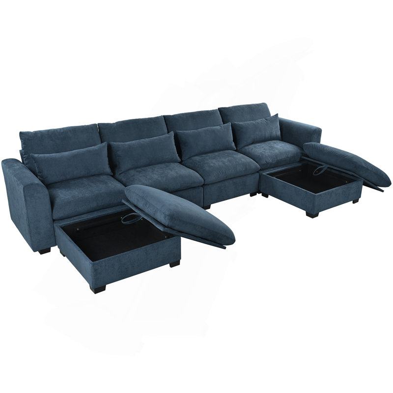 Versatile U-Shaped Transformable Sofa With Ottoman Storage For Various Rooms, Blue Linen Blend
