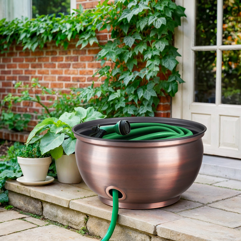 Support à tuyau de jardin en métal lisse fait à la main avec couvercle, cuivre antique, Doré