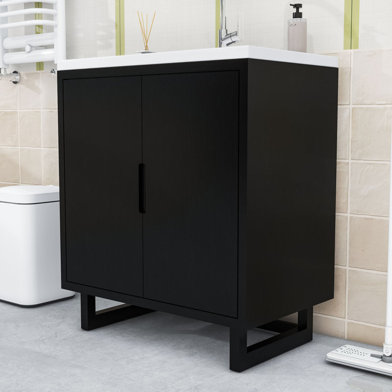 Meuble-lavabo en bois avec poignée invisible, Noir, noir, noir, noir