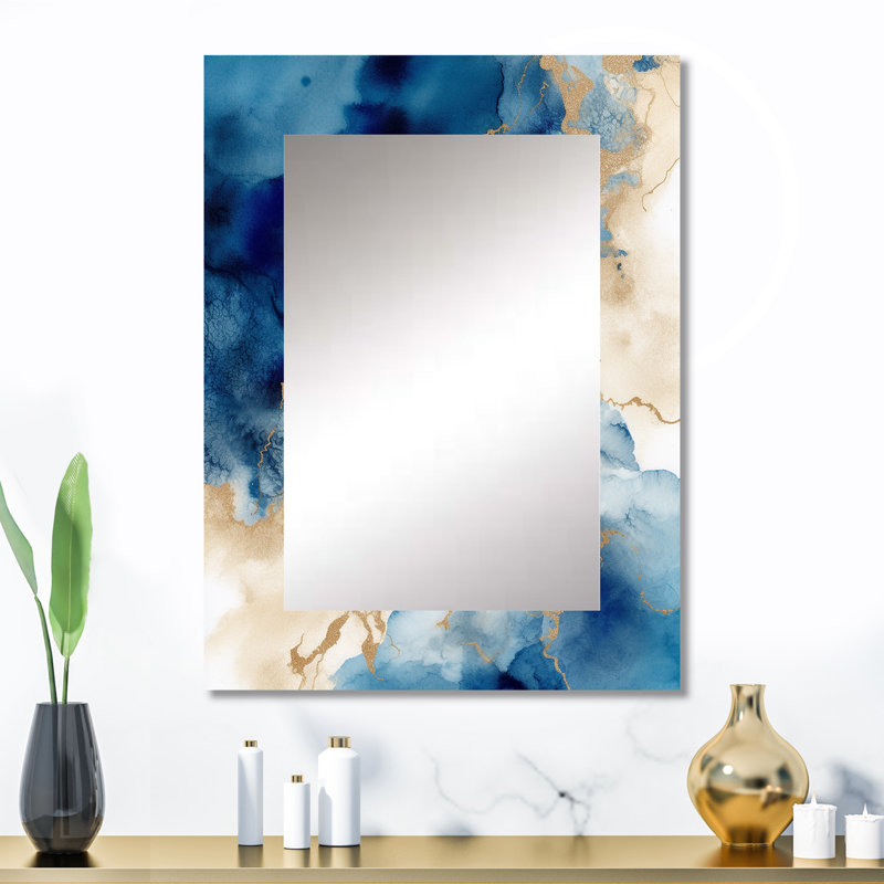 Blue and Gold Marble Clouds IX - Fractals Mirror, Modern Unique Wall Mirror, Printed Metal Art, 32" x 24"