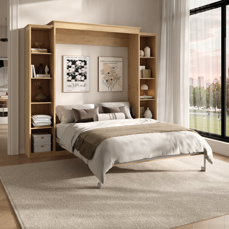 Lit escamotable double pleine grandeur avec tablettes de rangement, Lit double, Naturel