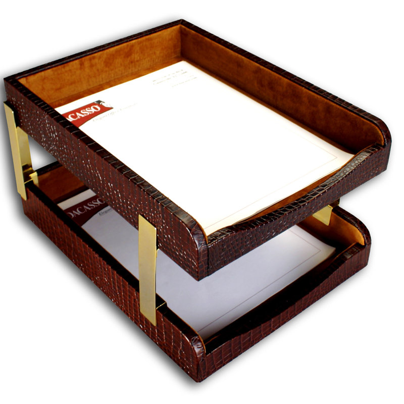 Plateau à lettres doubles en cuir crocodile, Brun
