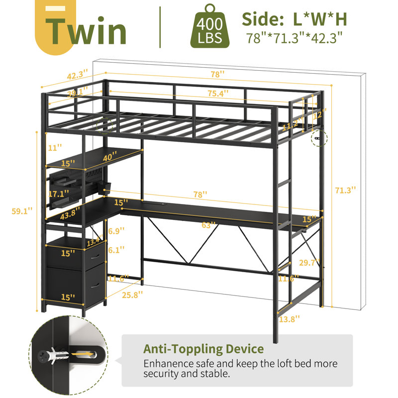 Loft Bed with Desk, Metal Twin Loft Bed Frame with Charging Station / LED/ Drawers, Black