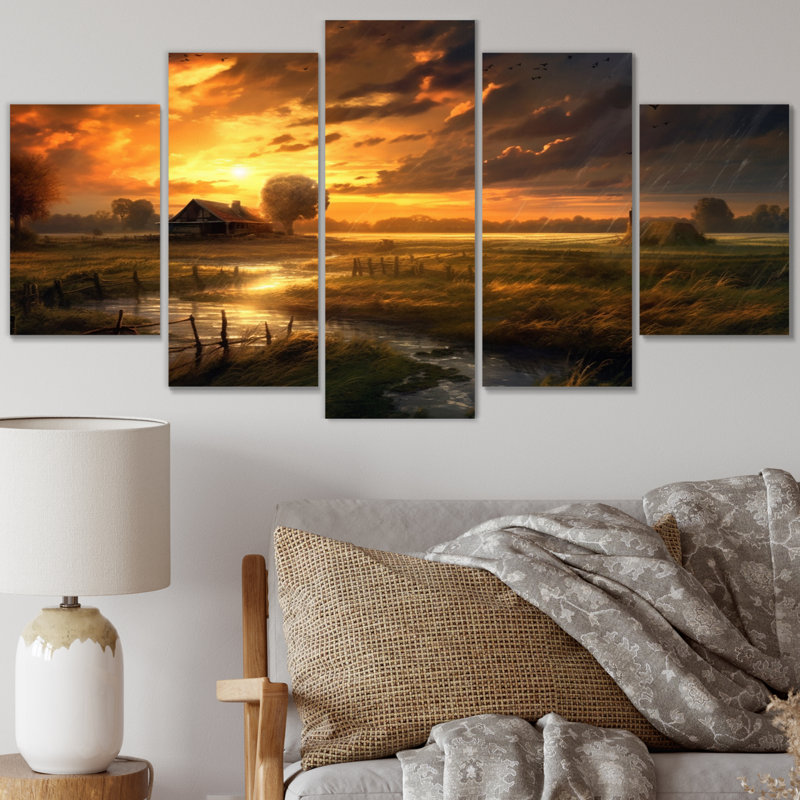 Glorious Sunset Over Waterway In The Fields I - Art mural sur toile Meadow - 5 panneaux