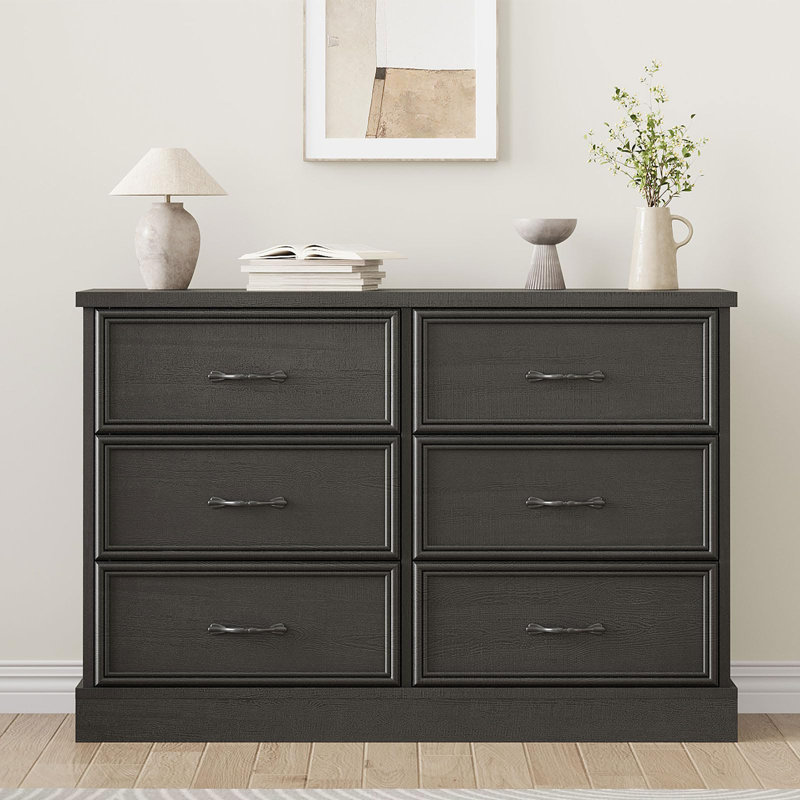 Commode moderne à 6 tiroirs en bois blanc avec commode pour meuble télé, Noir