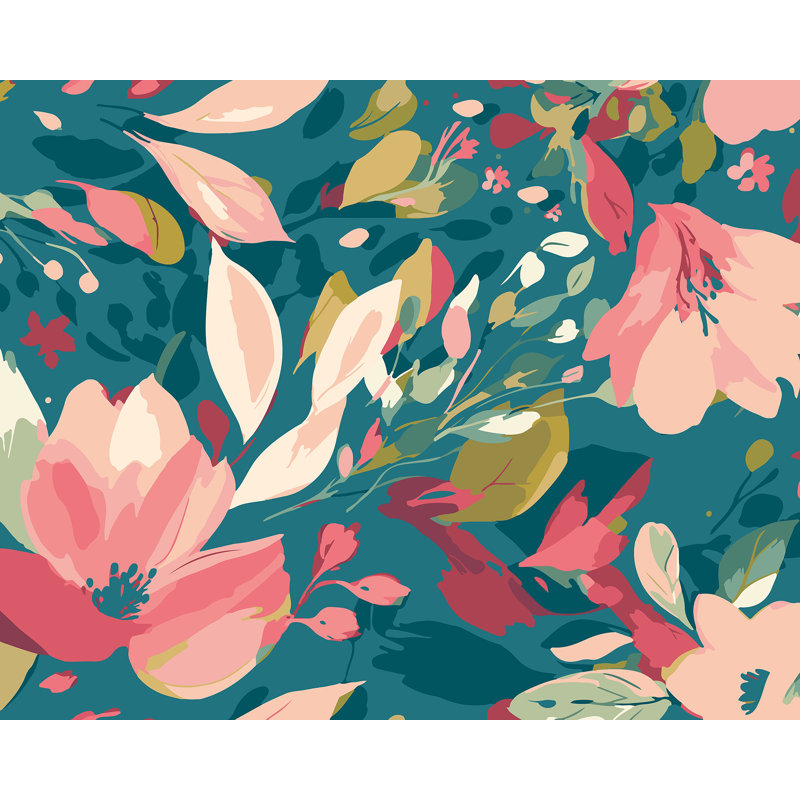 Murale fleurs fluides corail, Bleu