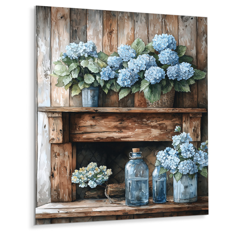 Hydrangées par le foyer I - reproduction d'art traditionnelle en métal, hydrangées en métal, H 20 po x l 12 po