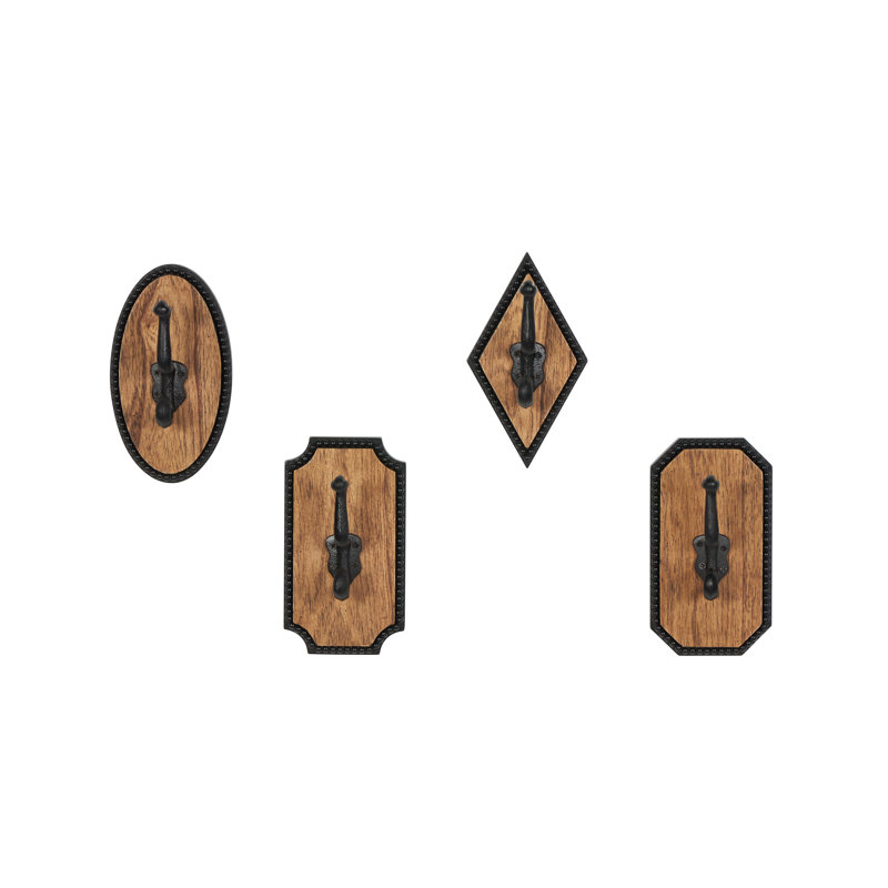 Jimeto Wooden Vintage Inspired Brown Wall Hook with Black Beaded Frames and Varying Geometric Shapes Set