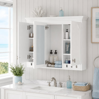 Modern 3-Door Bathroom Mirror Cabinet with Concealed Storage, Adjustable Shelves and Decorative Framed Doors