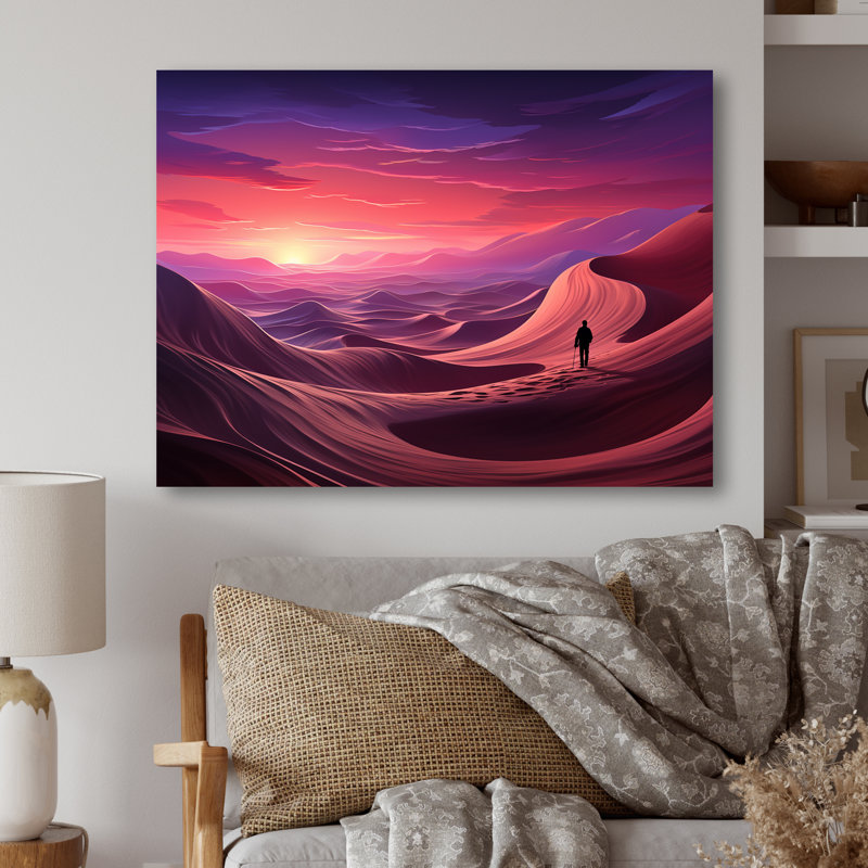 "Mauve et rose", homme perdu dans le désert I - Art mural en métal Space Space, H 16 po x l 32 po x P 1 po