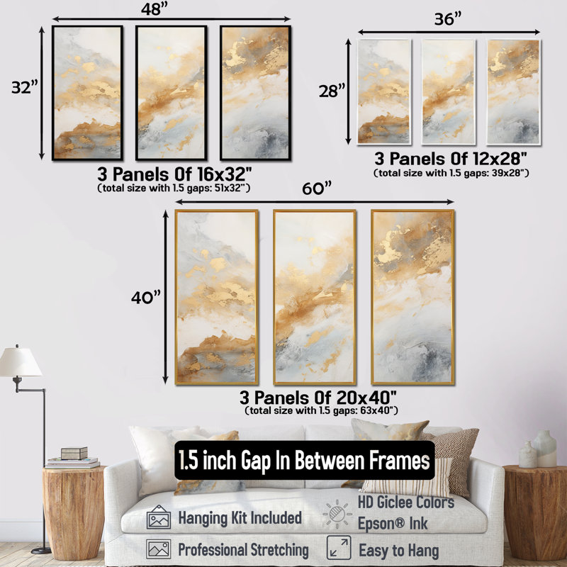 «Gold and White Magic Marble Geode III», ensemble d'art sur toile marbrée, Cadre flottant doré, H 32 po x l 48 po x P 1 po