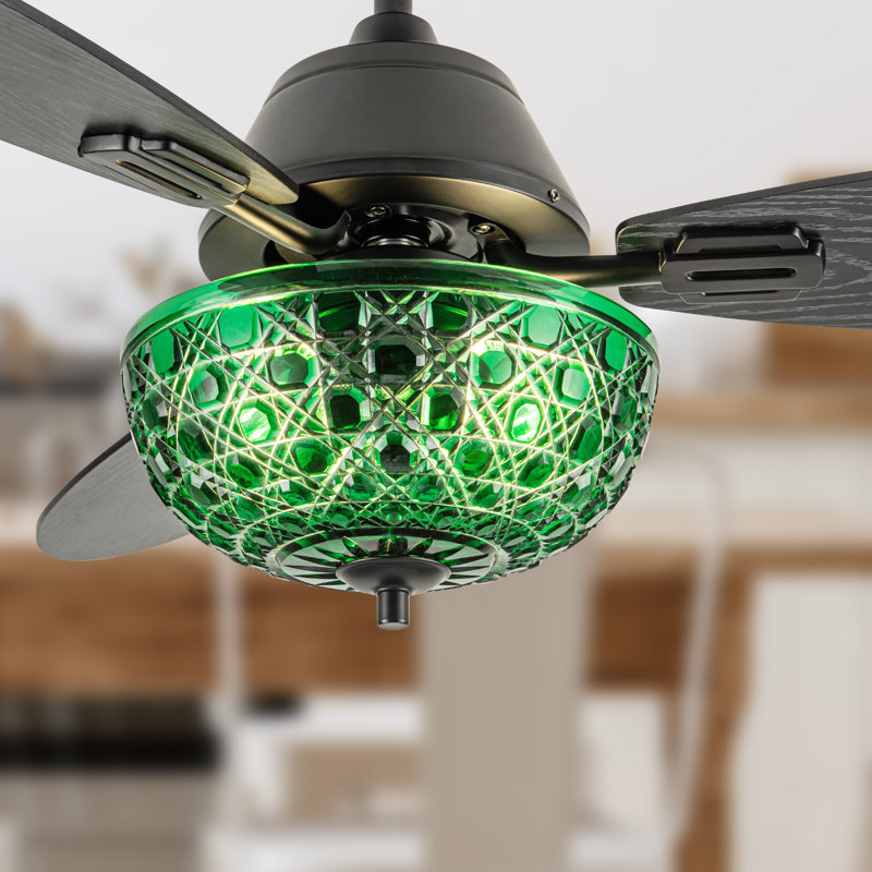 42"W Brynn LED Indoor Green Hand-Cut Glass Globe Shade Ceiling Fan With Remote Control, Black