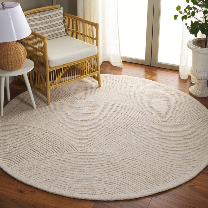 Textural Hand Tufted Wool/Cotton Geometric Rug in Ivory, Round 6"