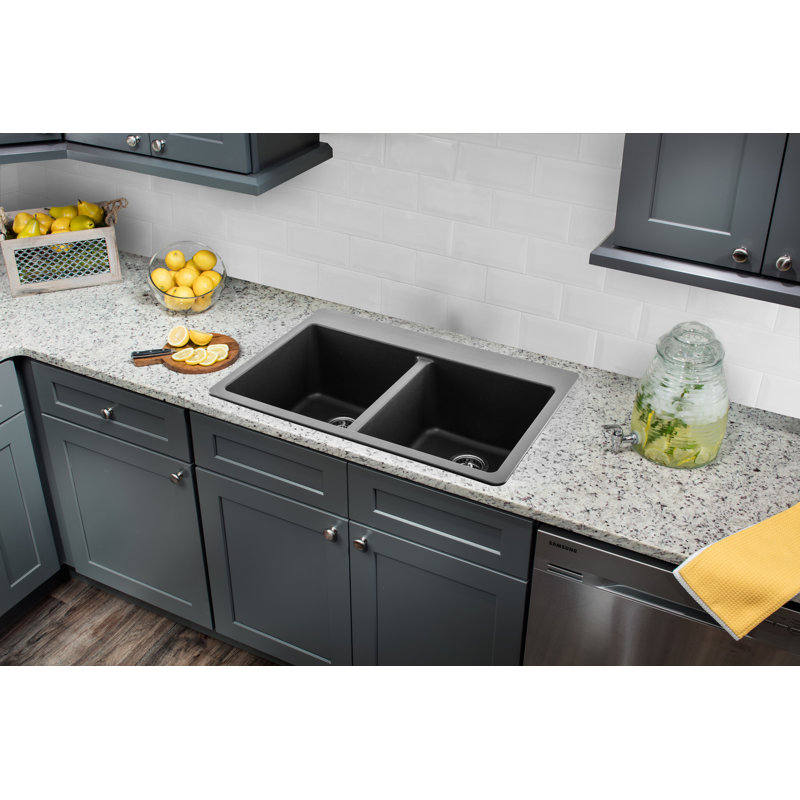 33'' L Double Bowl Quartz Kitchen Sink, Inox Gray