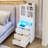 Tall Night Stand With Charging Station And Led Lights,49.2" Nightstand With Bookshelf,adjustable Shelf With Glass Door, Gray Bedside Table With Drawers,end Side Table For Bedrooms-1831538730