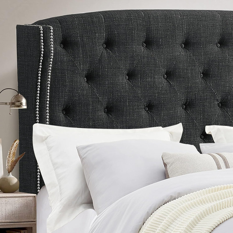 Structure de lit avec tête de lit capitonnée / revêtement en tissu, Lit double, Gris foncé