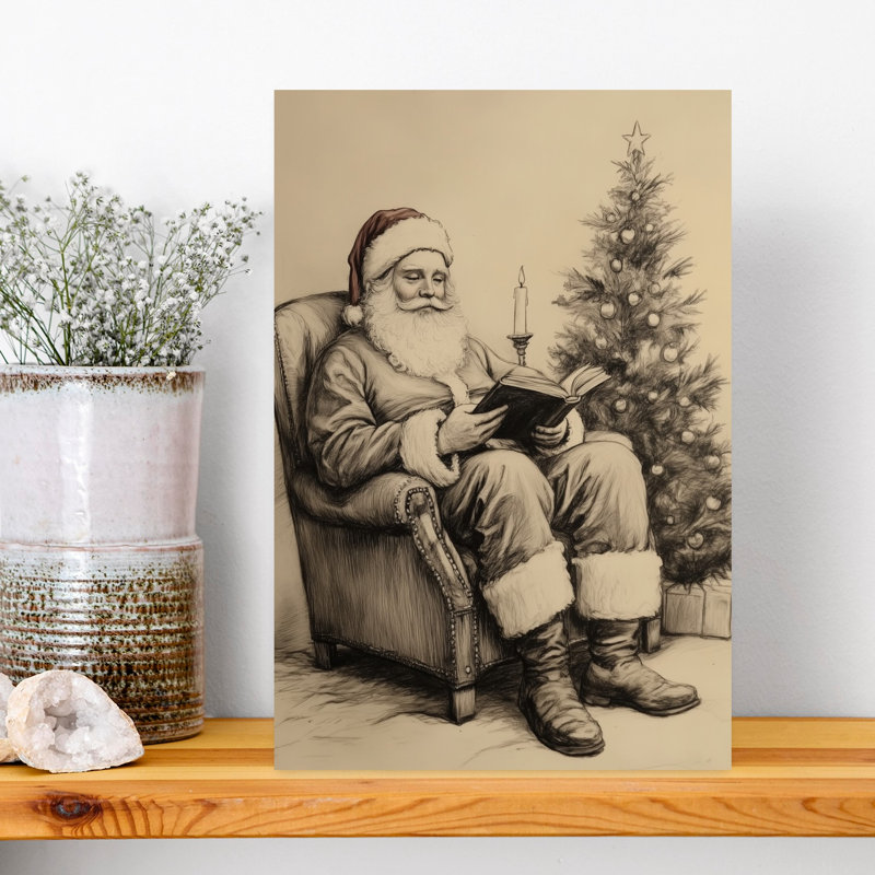 Santa Reading Christmas Book Classic Peaceful Traditional Christmas Tree Winter Landscape Wall Art Print 1 Piece Wrapped Canvas Wall Art