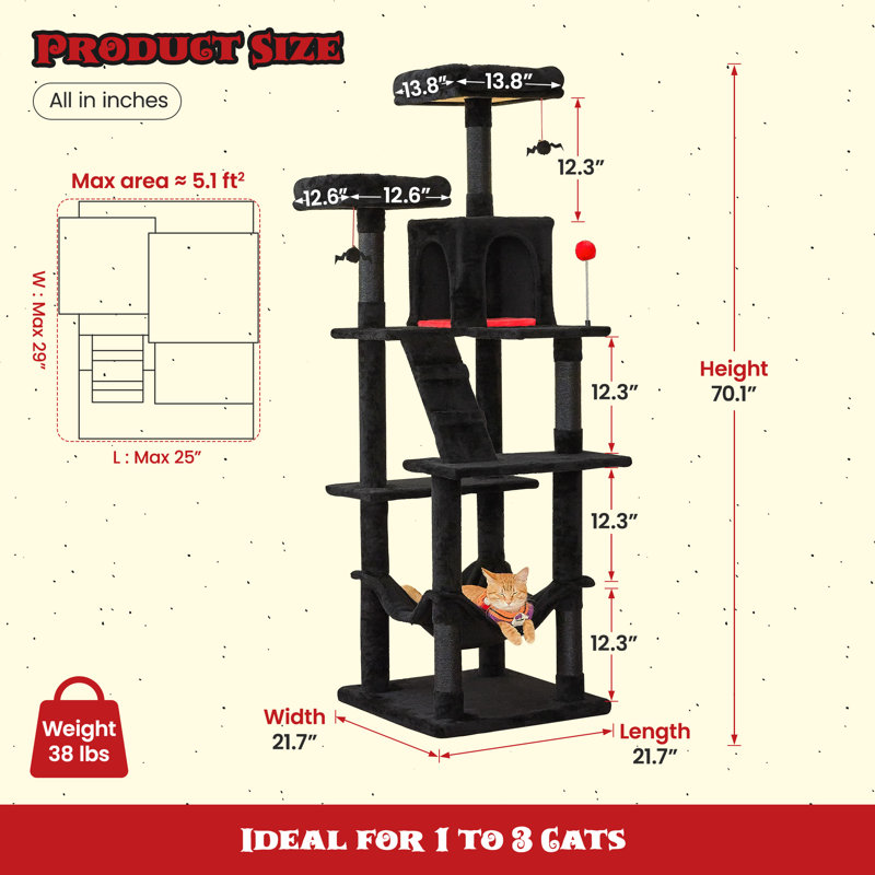 Grand condo 64 "pour chat, Noir, H 70,1 po x l 21,7 po x P 21,7 po