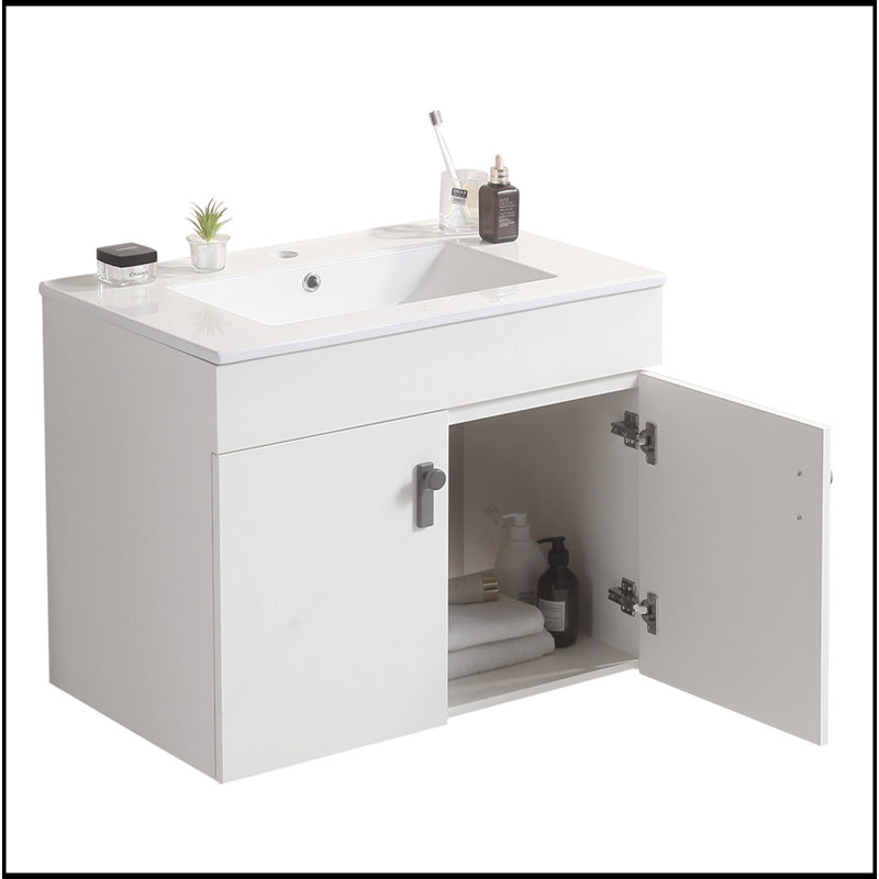 Meuble-lavabo de 30 po avec pieds en métal, avec cuve en céramique blanche, deux portes d'armoire à fermeture douce, bois massif, sans les robinets