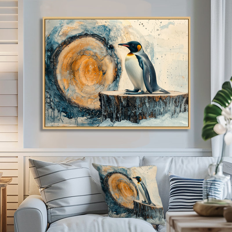 «Grane pingouin dans un paysage d'hiver», art mural pingouin, H 34 po x l 44 po, Impression encadrée flottante, Naturel