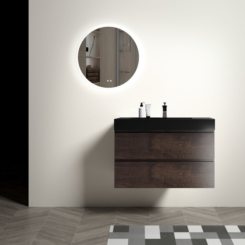 Meuble-lavabo moderne de 91 cm (36 po) - Noyer, lavabo noir, tiroirs silencieux, finition sophistiquée, design contemporain, grand espace de rangement pour lavabo