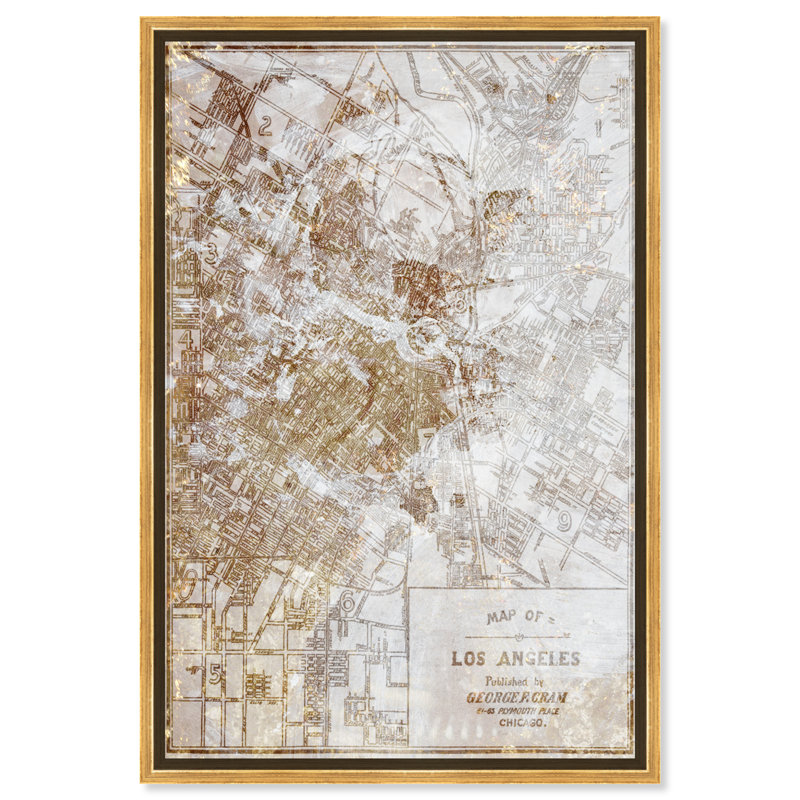 «Dusty Gold Los Angeles Map», impression sur toile, H 16 po x l 11 po, Encadrement doré
