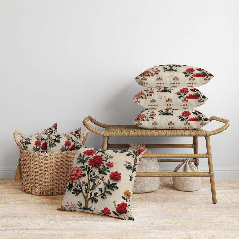 Broderie Dahlia Trail Intérieur/Extérieur 18x18, Carré 18 po, Beige/rouge