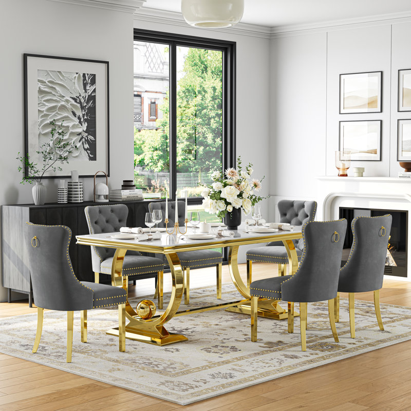 70" Glass Dining Table Set Of 7, Double U-Shaped Polished Stainless Steel Base, 10Mm Thick Tempered Glass Top And Velvet Upholstered Nailhead Chairs
