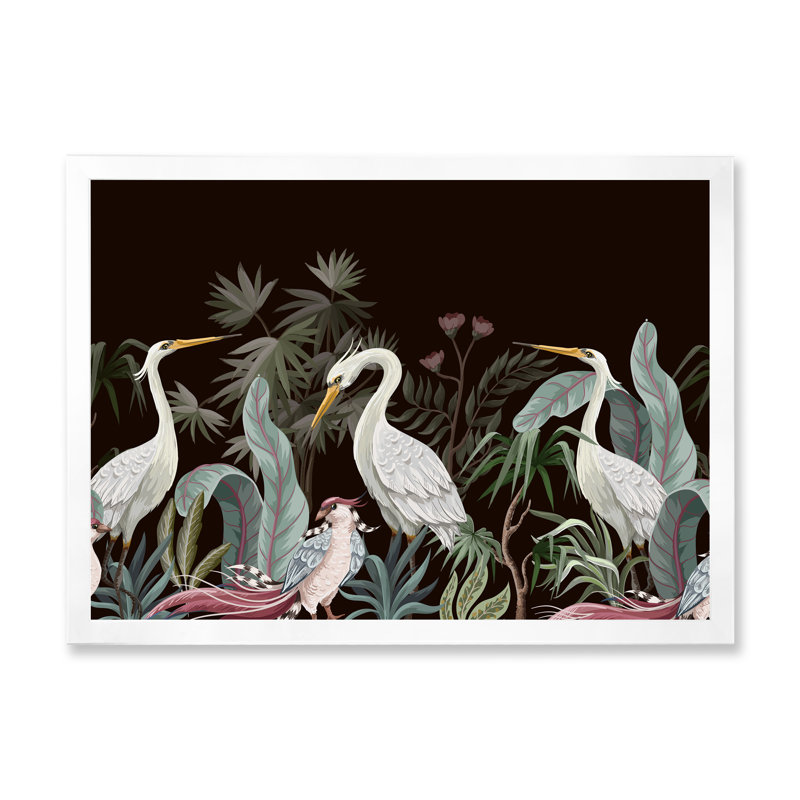 Chinoiserie avec oiseaux et pivoines III - peinture sur toile, H 16 po x l 32 po x p 1 po, Cadre photo blanc