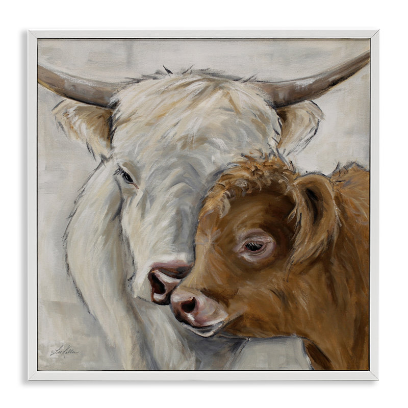 Vache et veau Highland, giclée encadrée, design par Lee Keller, H 24 po x l 24 po, Giclée encadrée blanc bord de mer