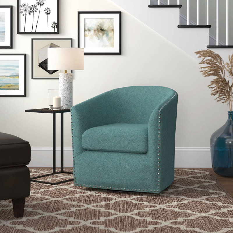 Tyler 360° Swivel Barrel Chair with Nailhead Trim, Teal Polyester