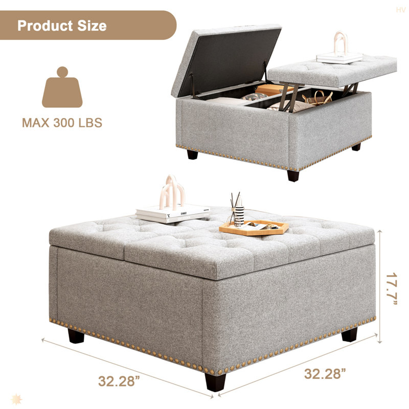 Large Square Storage Bench, Footstool With Two Storage Doors, Mid-Century Modern Coffee Table
