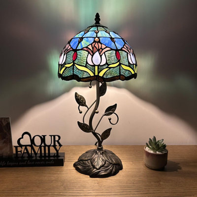 Haruko Tiffany Table Lamp Blue Purple Stained Glass Tulips LED Bulb Included Iron Metal Leaves 