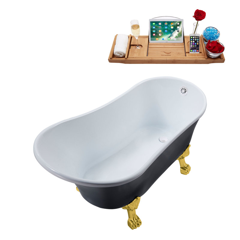 55" Streamline Clawfoot Soaking Acrylic Bathtub With Drain, Clawfeet, and Bamboo Tray, Glossy White, Polished Gold
