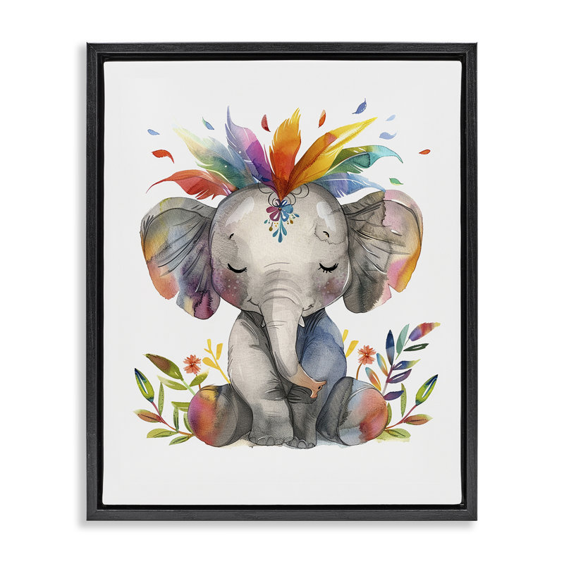  «Rainbow Blooms Elephant Floater» par LSR Design Studio, Cadre flottant noir de jais, H 21 po x l 17 po